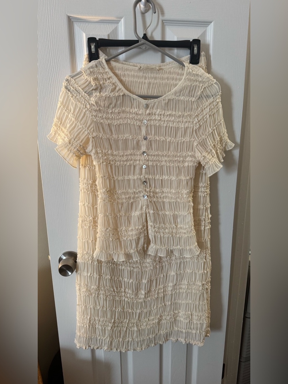 Cream Smocked Button-Front Two-Piece Set